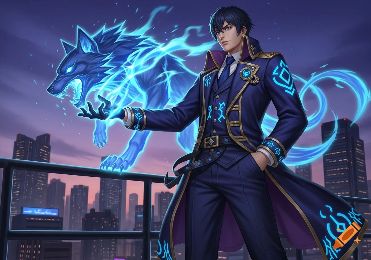 Anime style art of a man in a royal warlock uniform with a glowing blue wolf construct, overlooking a city at twilight.