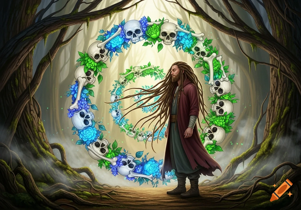 A dreadlocked man stands in a mystical forest, surrounded by a spiral of stylized skulls, bones, and colorful foliage.