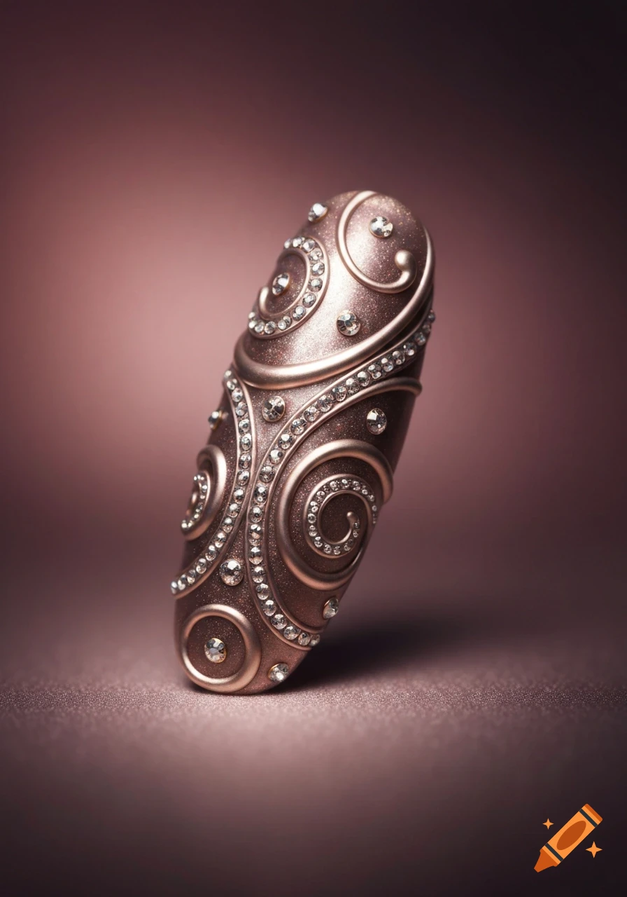 A close-up of a metallic rose gold nail cover adorned with swirling patterns and clear rhinestones on a blurred brown background.