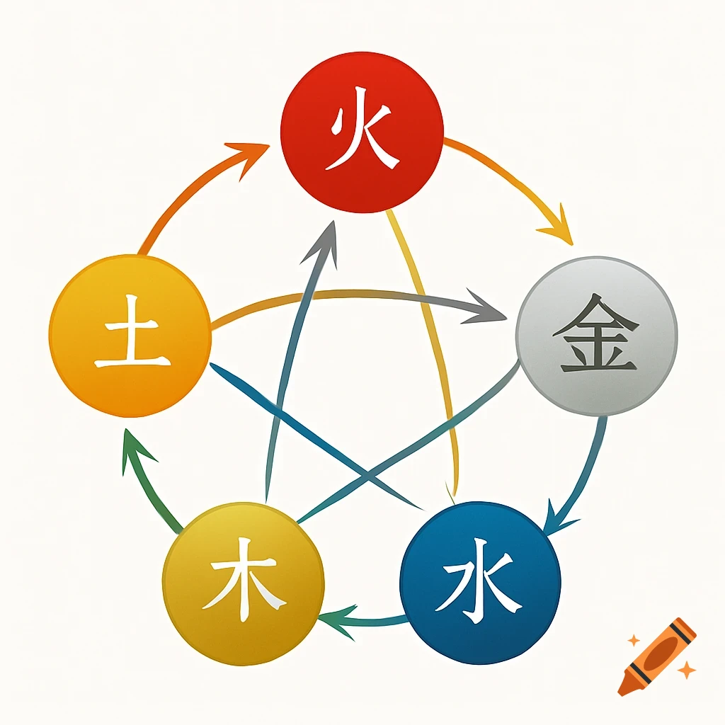 Colorful diagram illustrating the Five Elements (Fire, Earth, Metal, Water, Wood) in a cyclical arrangement.