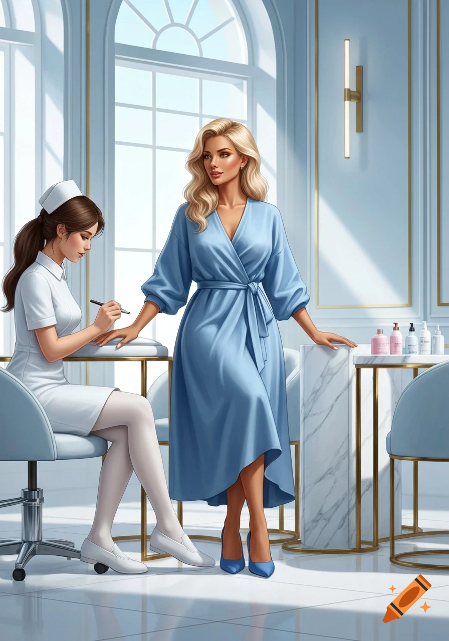 A blonde woman in a light blue wrap dress has her nails done by a brunette beautician in a white uniform in a bright, elegant beauty salon.