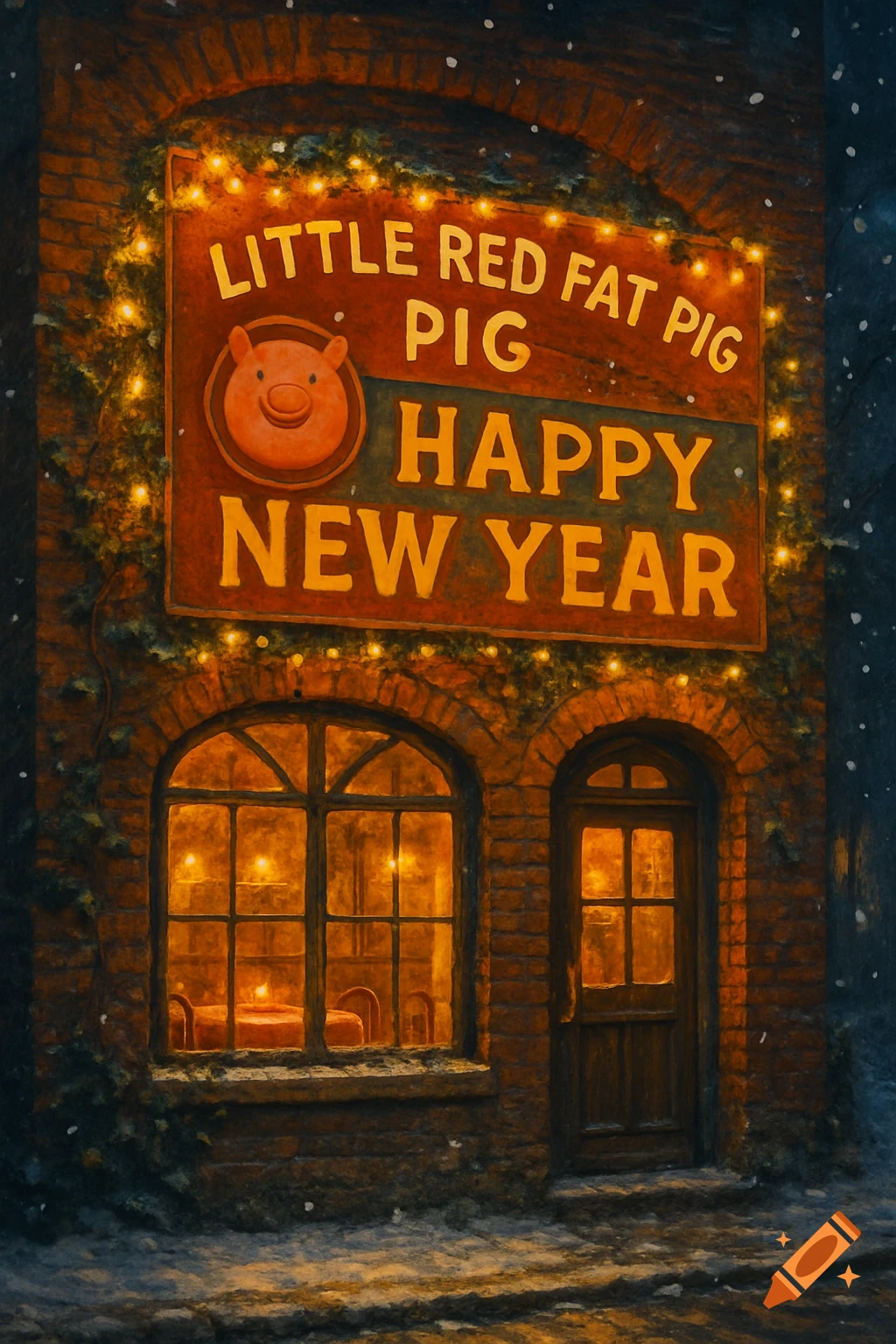 A cozy brick building with a pizzeria sign reading 'Little Red Fat Pig Happy New Year', illuminated by string lights, on a snowy night.