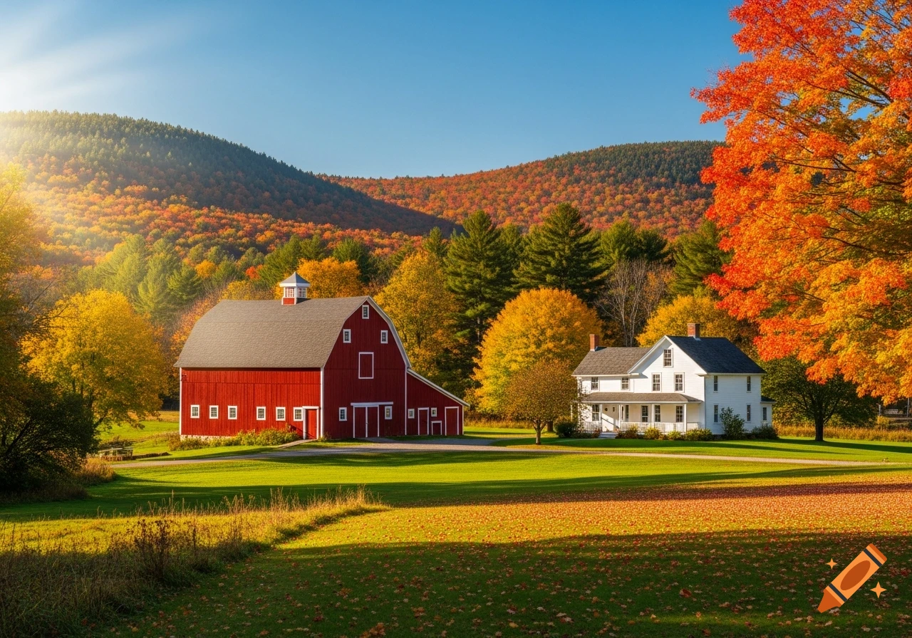 A photorealistic landscape featuring a red barn and a white farmhouse in an autumn New England valley, surrounded by vibrant fall foliage.
