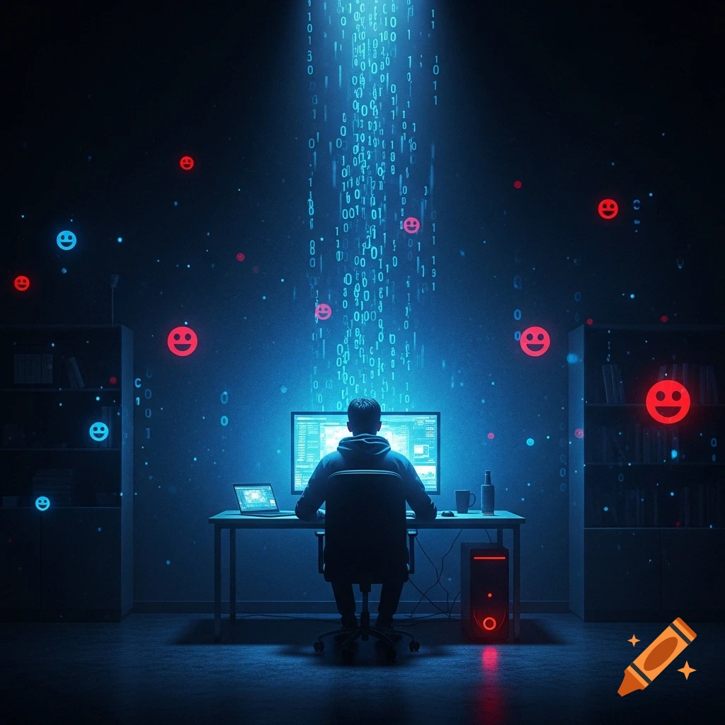 A person sits at a computer, surrounded by falling blue binary code and glowing red and blue emojis, in a dark, futuristic room.