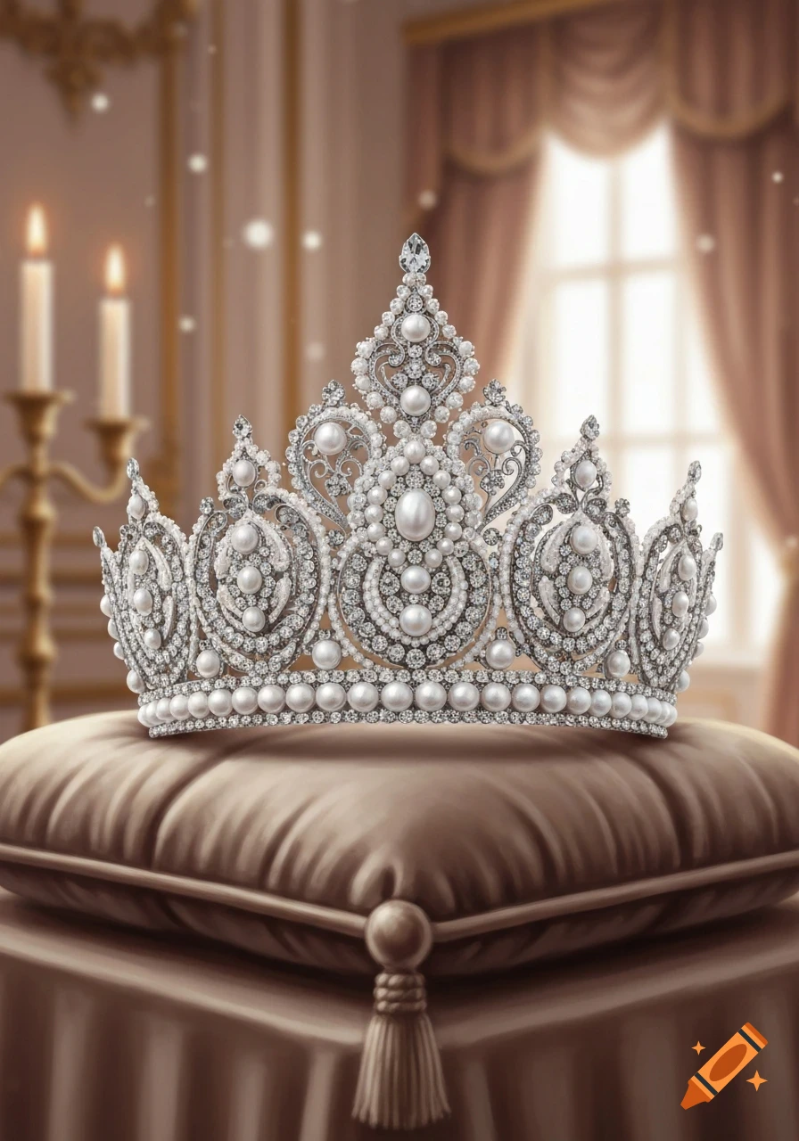 An ornate silver crown adorned with pearls and diamonds rests on a brown velvet pillow in an opulent, blurred room with candles.