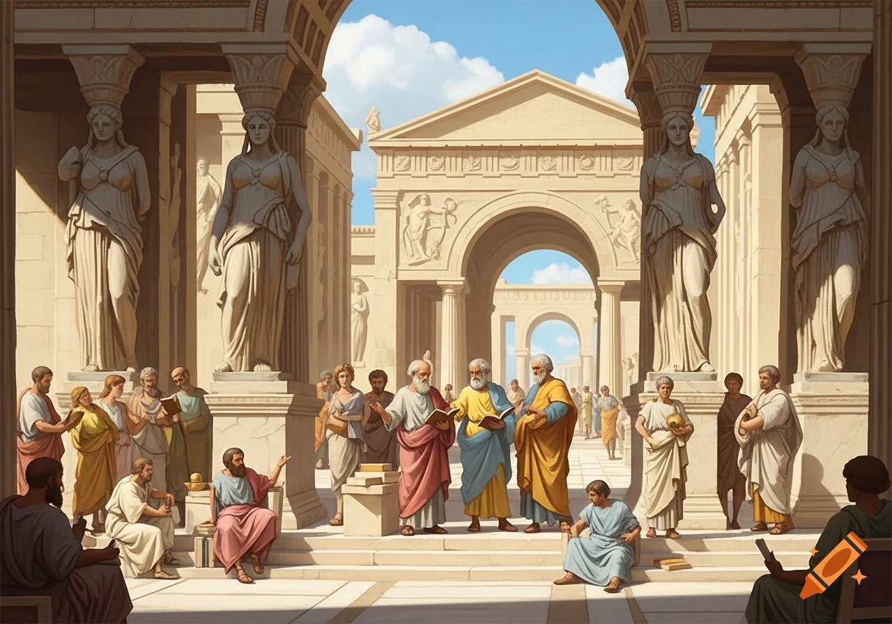 Ancient Greek philosophers conversing in a public square with classical architecture and caryatid statues under a blue sky.