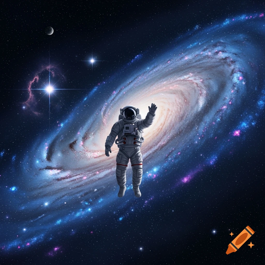 Photorealistic astronaut floating and waving in deep space in front of a vibrant spiral galaxy.