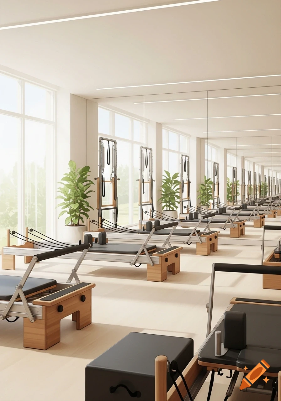A bright, modern pilates studio with several reformer machines, potted plants, and large windows looking out onto greenery.