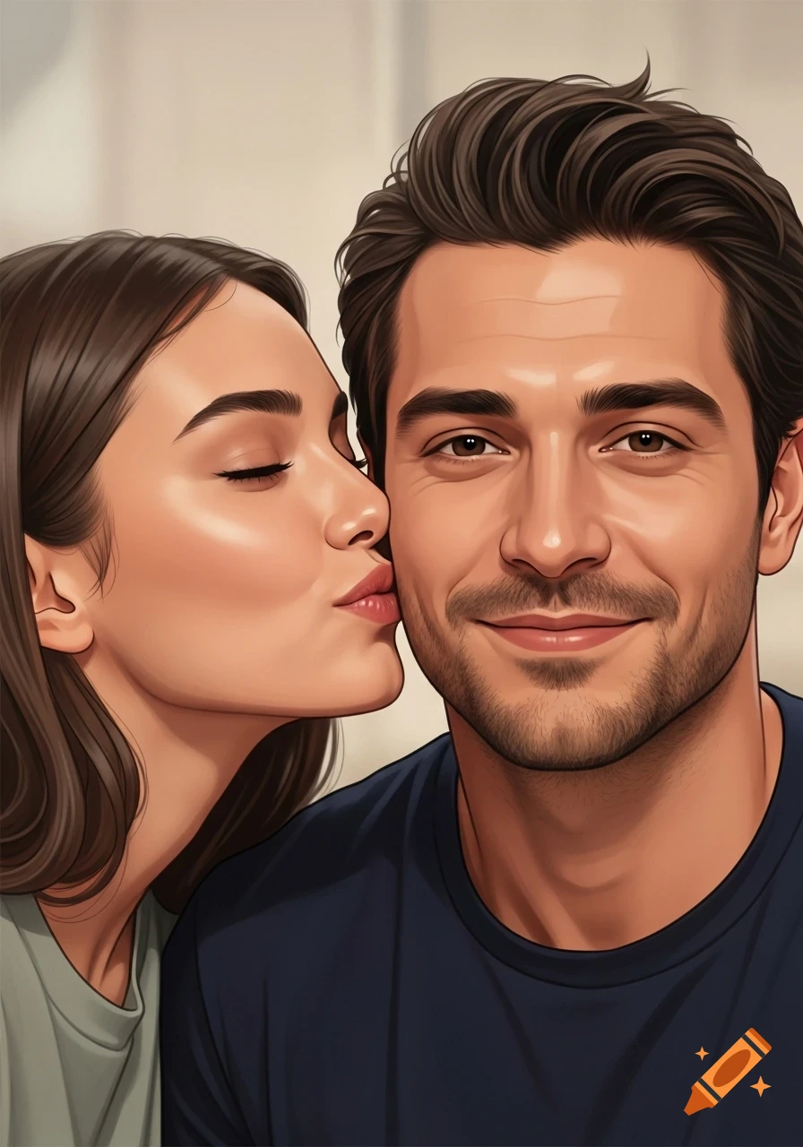 Close-up digital illustration of a woman kissing a man's cheek.
