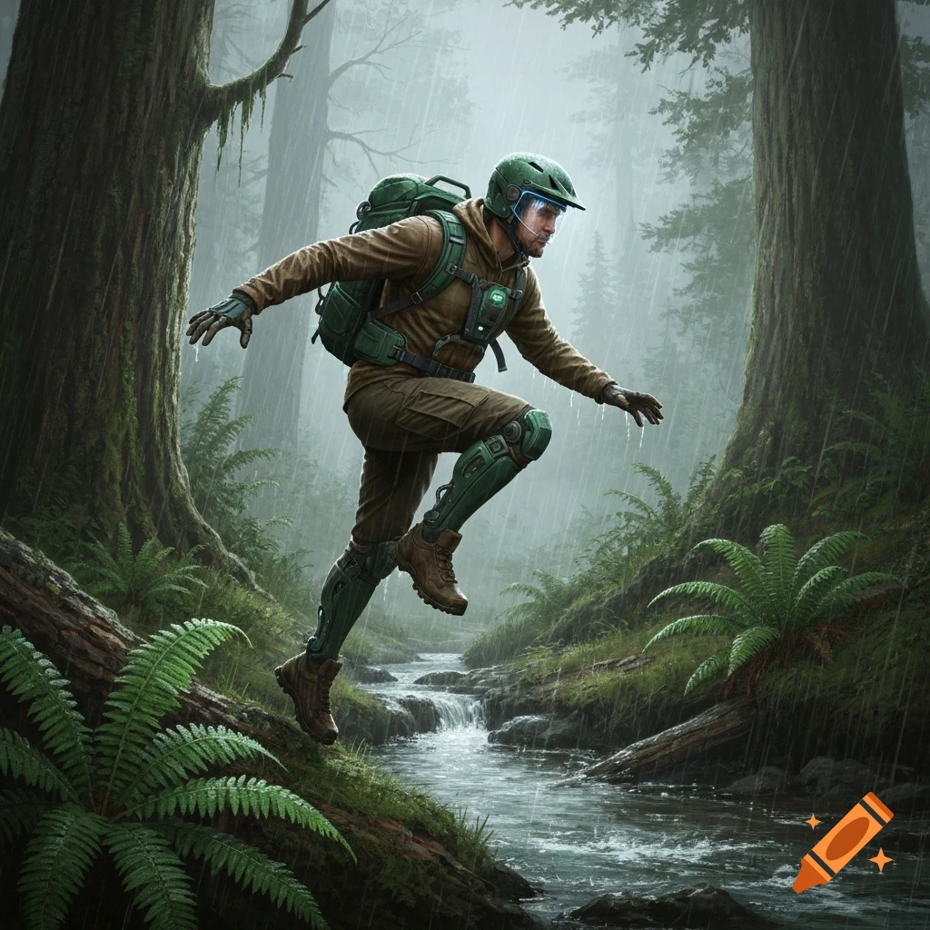 Man in green powered exoskeleton jumps over a creek in a rainy, lush forest.