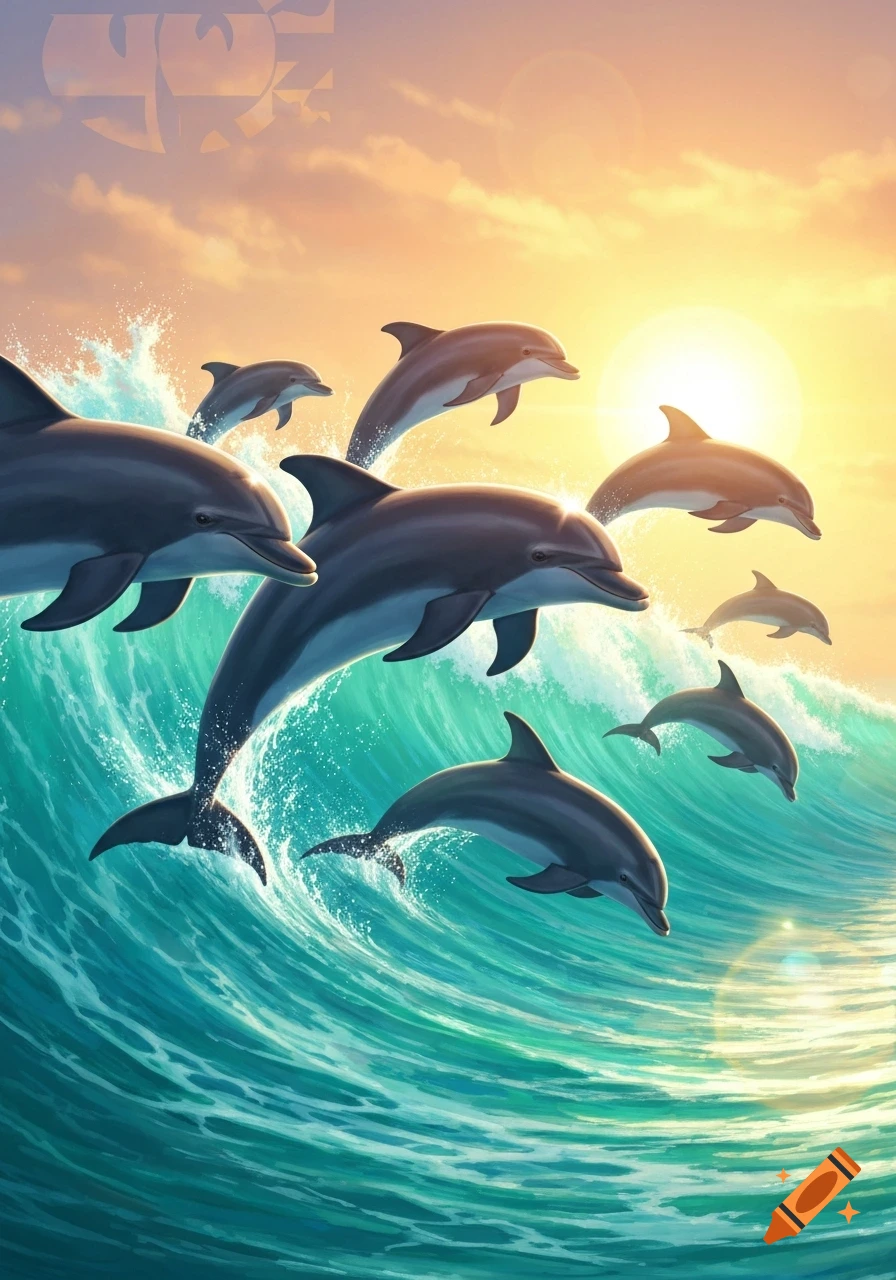 Illustrated scene of multiple dolphins leaping from vibrant ocean waves at sunset, with a stylized Wu-Tang logo in the sky.