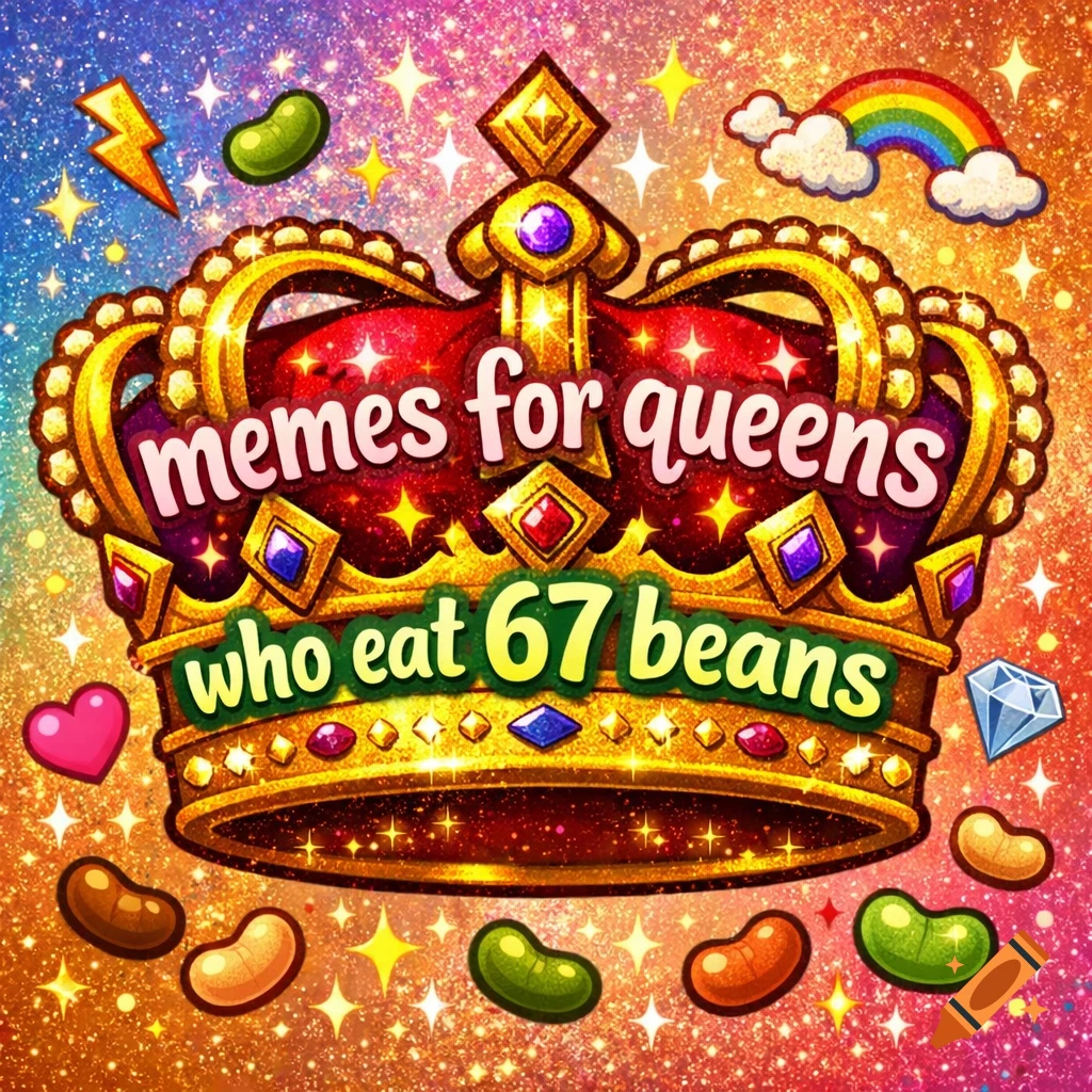 A glittering crown with the text "memes for queens who eat 67 beans" surrounded by jelly beans, a rainbow, heart, lightning, and diamond on a sparkling background.