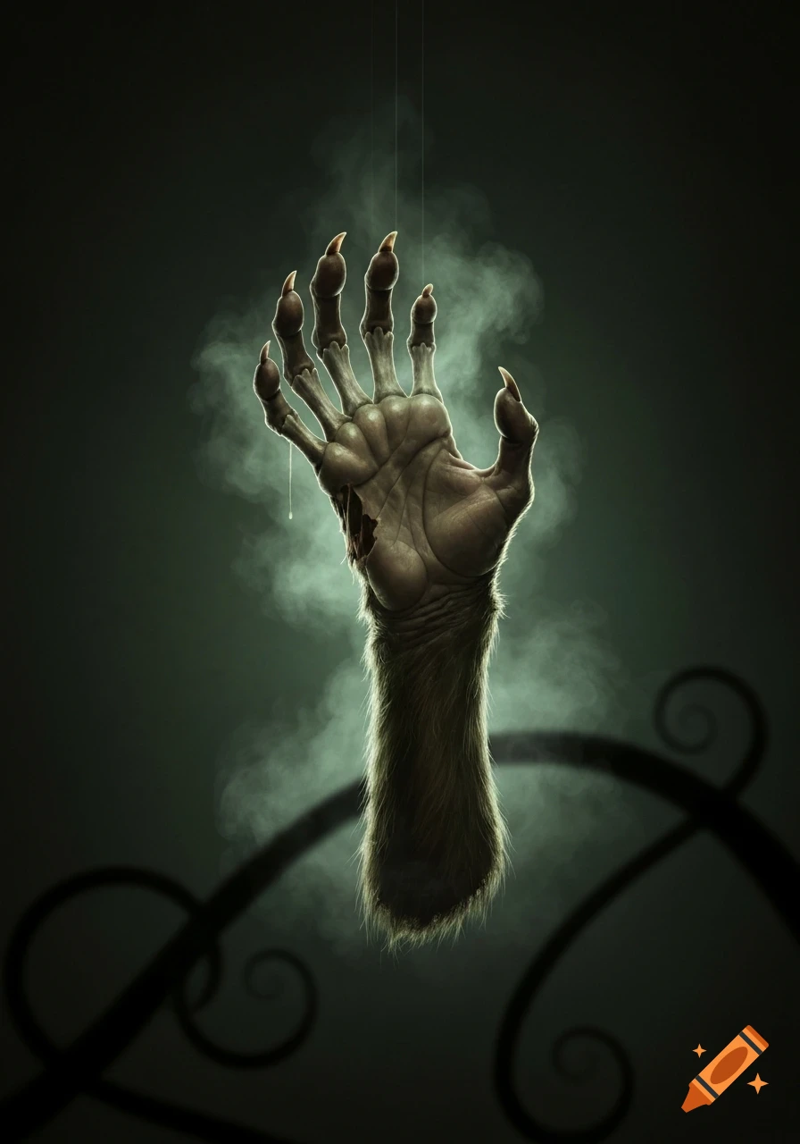 A furry, clawed, grotesque hand with exposed bones and dripping liquid hangs by thin threads on a smoky, dark green background.