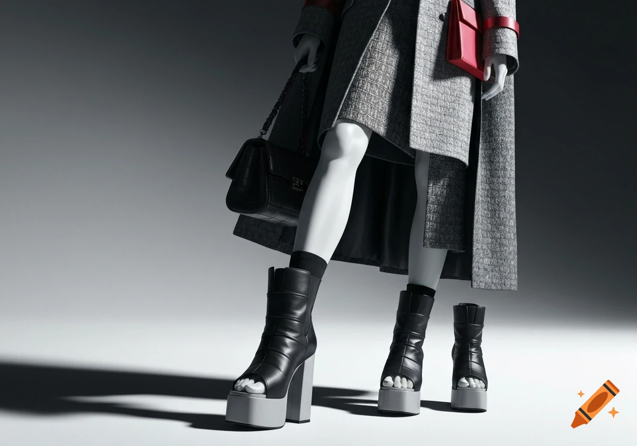 Low-angle shot of a mannequin wearing a gray tweed coat, black platform boots, holding a black handbag and a red clutch, against a gray background.