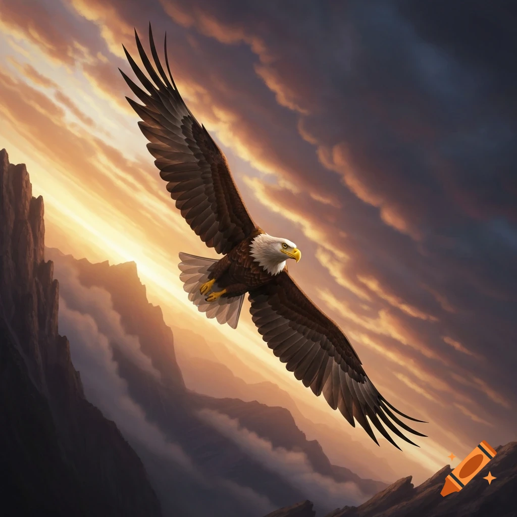 A majestic bald eagle soars with outstretched wings over rugged ...