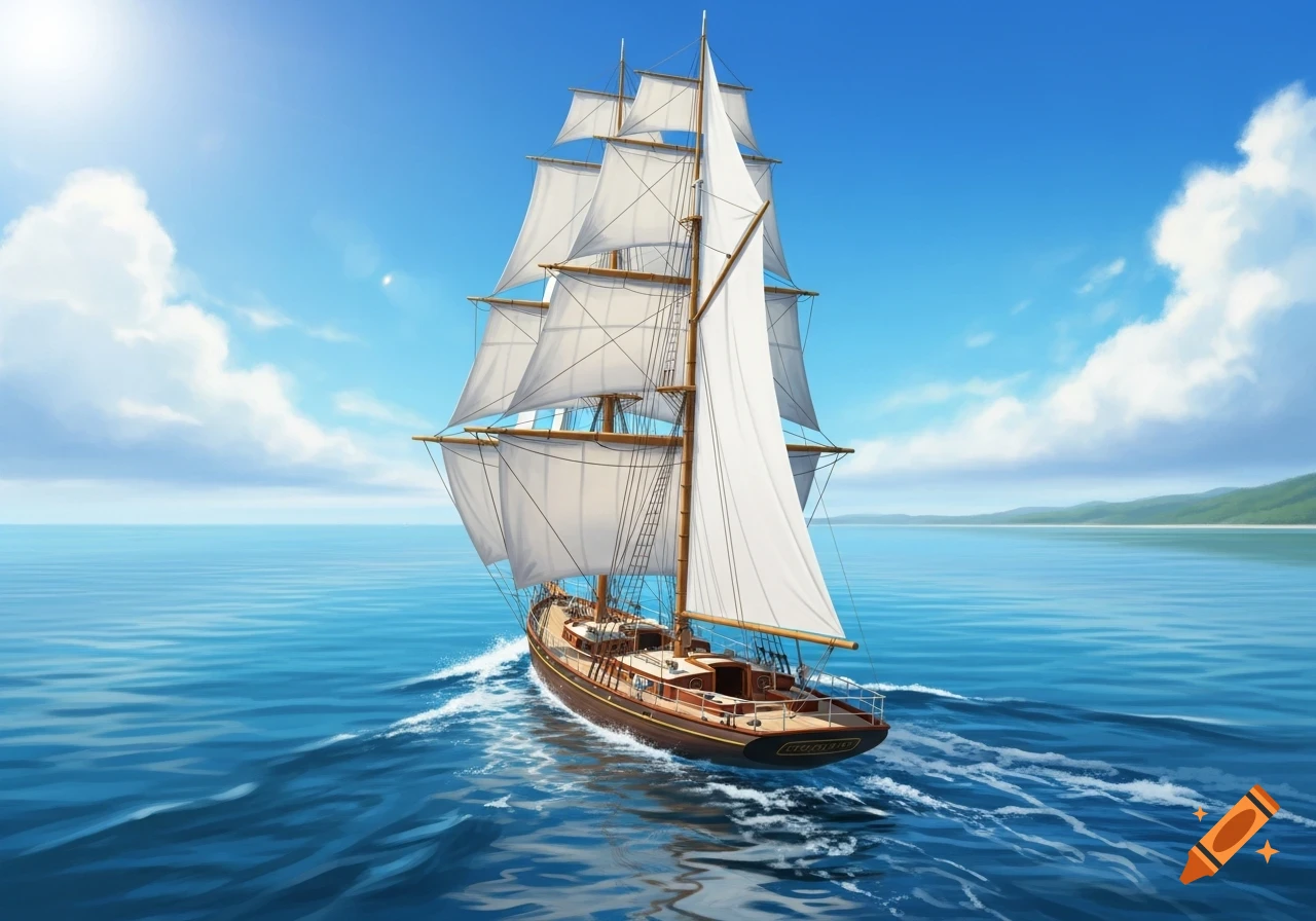 A beautiful sailing ship with white sails glides through a blue ocean under a clear sky, leaving a white wake.