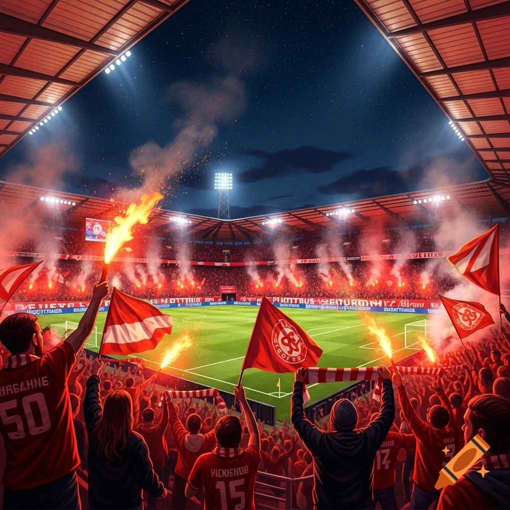 A stadium filled with soccer fans in red, holding flags and red flares, cheering under stadium lights at night.