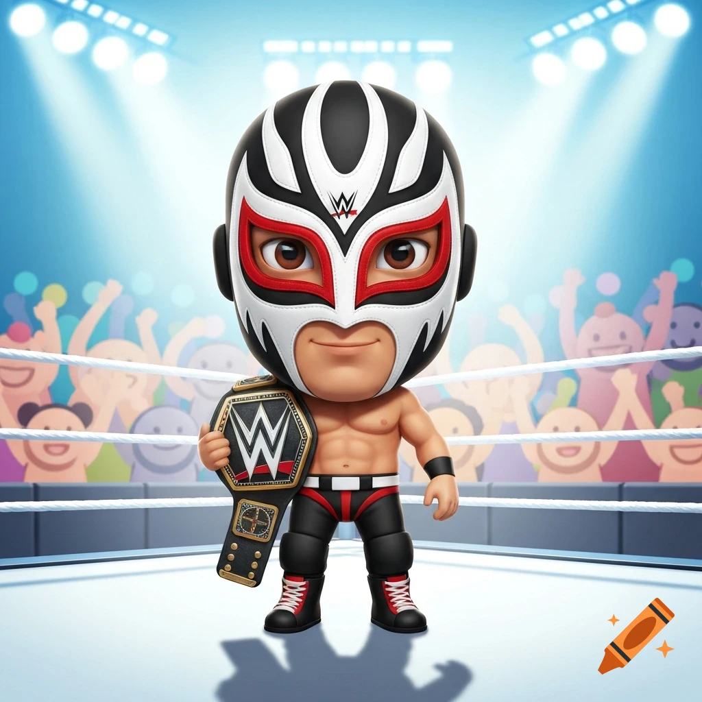 A chibi-style wrestler in a black and white mask and red trunks holds a WWE championship belt in a wrestling ring with a crowd.