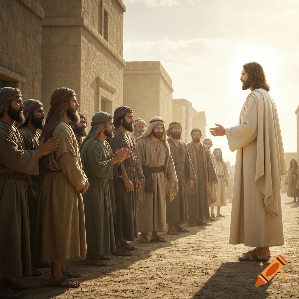 Jesus glows and addresses a crowd of men in ancient robes on a sunlit street in an old city.