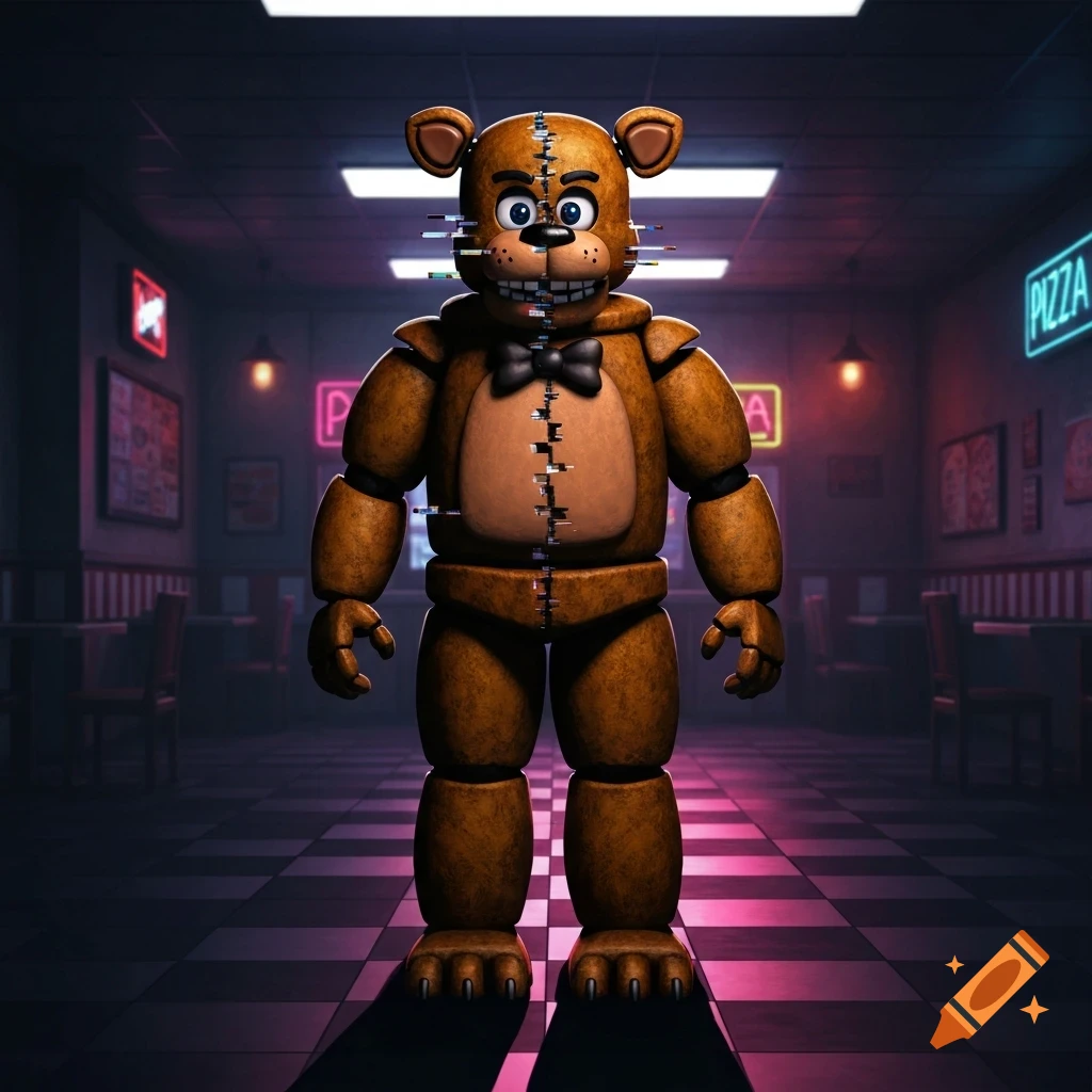 A glitching animatronic bear with a Roblox man face stands in a dimly lit diner with neon signs.