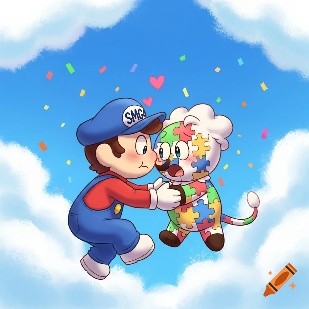 Cartoon SMG4 and Mr. Puzzles, made of colorful puzzle pieces, float in a blue sky, leaning in for a kiss surrounded by confetti and hearts.