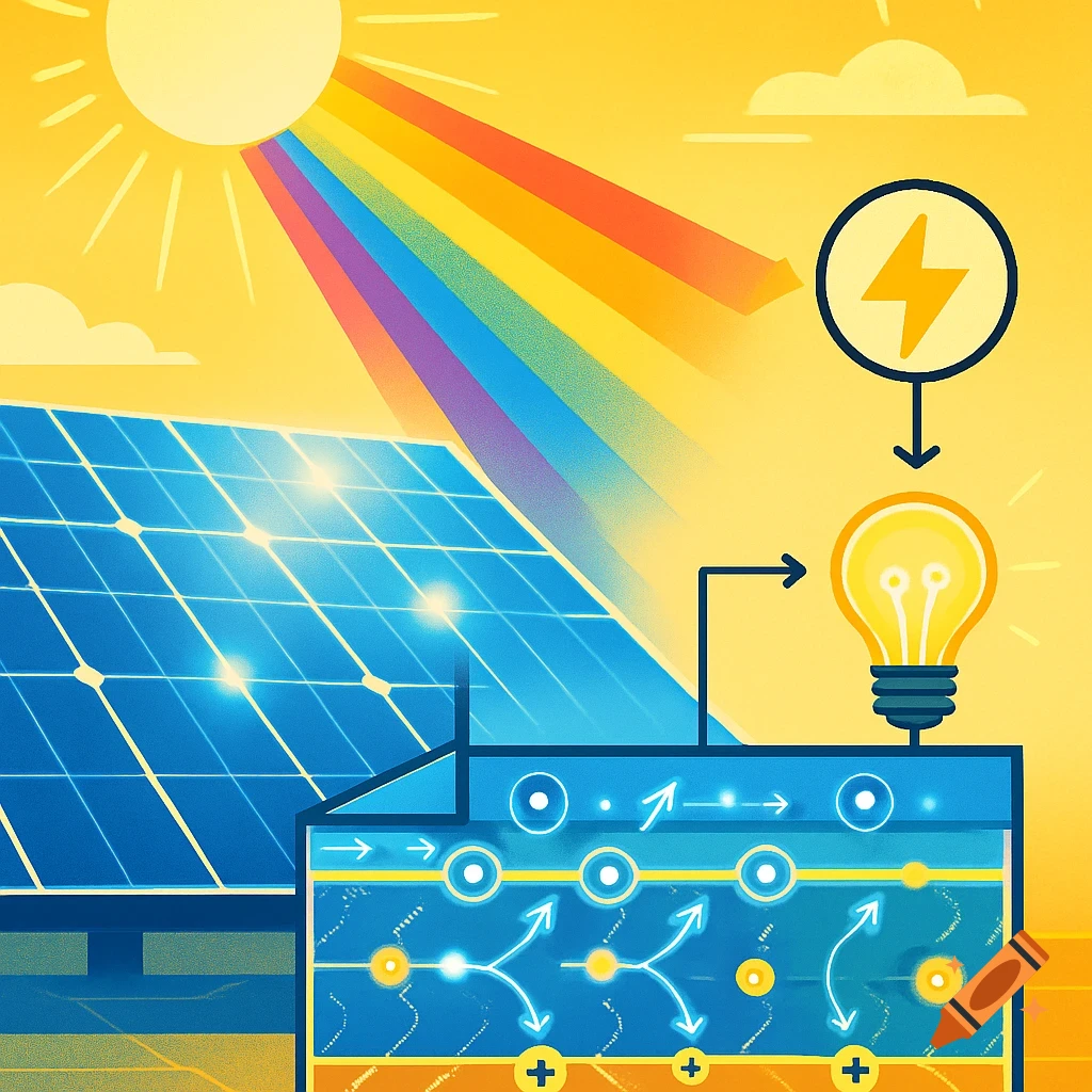 Diagram showing a solar panel converting rainbow sunlight into electricity, powering a light bulb, with an internal view of electron flow.