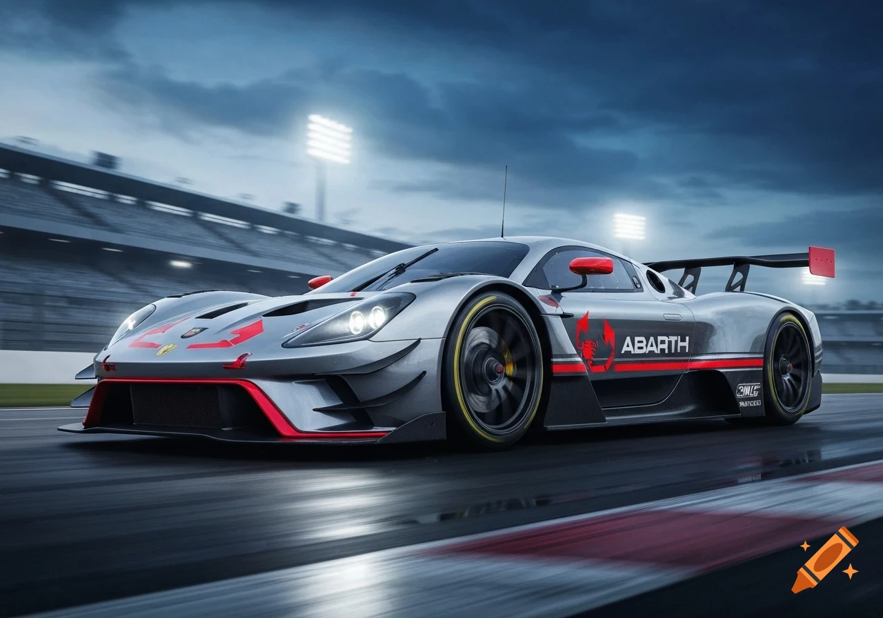 A silver Abarth GT3 race car with red accents on a track under a cloudy sky, with stadium lights in the background. Photorealistic style.