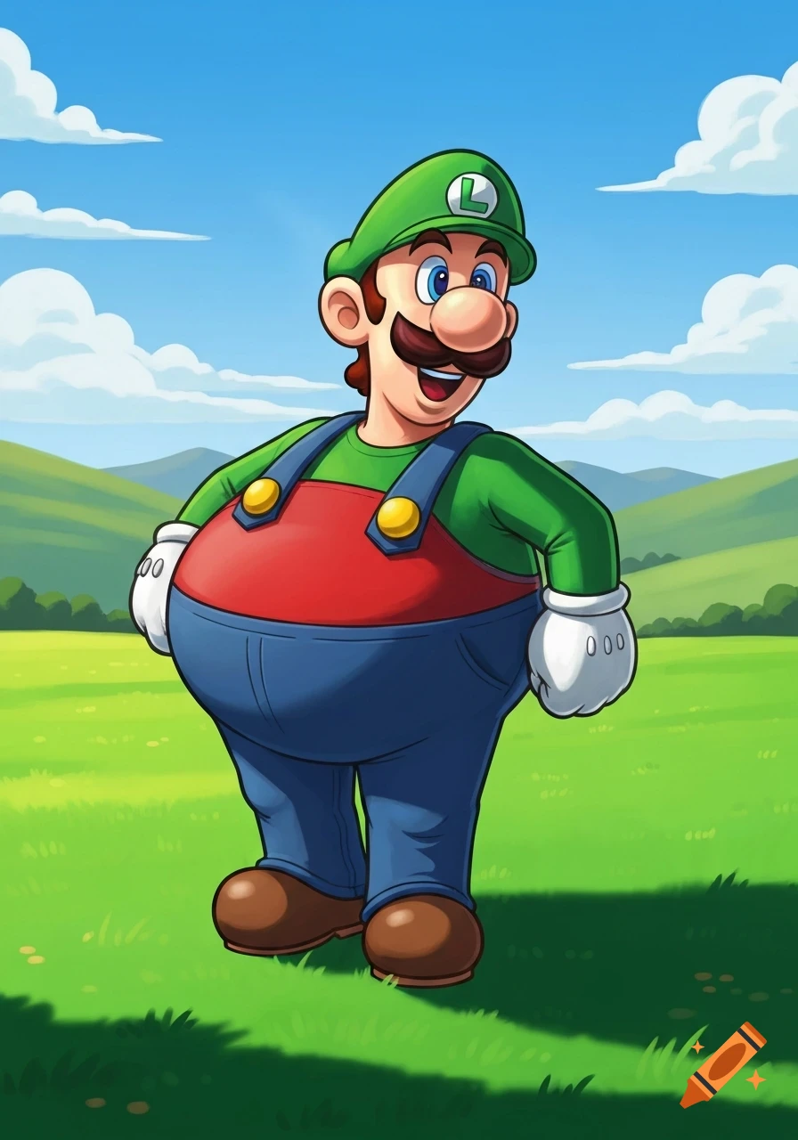 Digitally painted illustration of a very fat Luigi, wearing a green hat with an 'L', green shirt, blue overalls, and brown shoes, standing in a vibrant green field under a blue sky with white clouds.