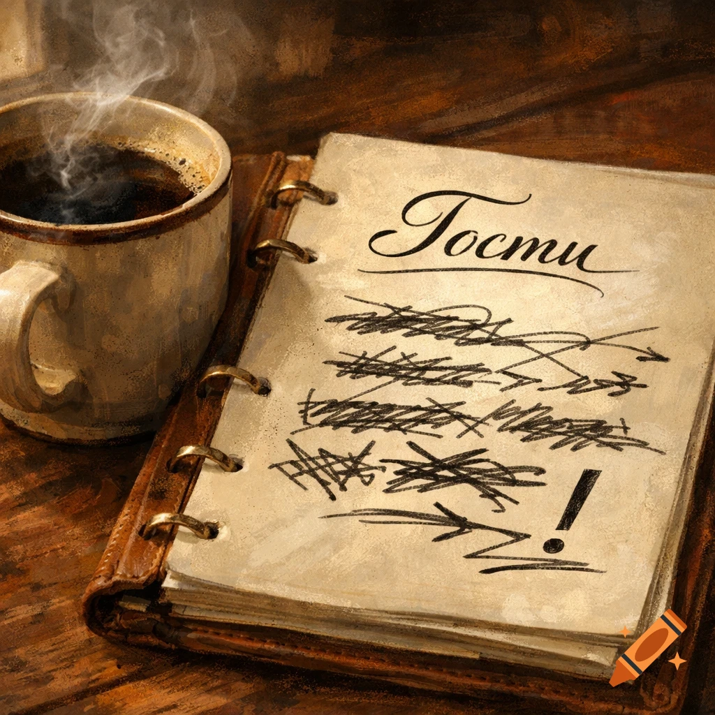 A steaming cup of coffee next to an open notebook with the Russian word 'Гости' (Guests) written and scribbled over, on a wooden table, painterly style.