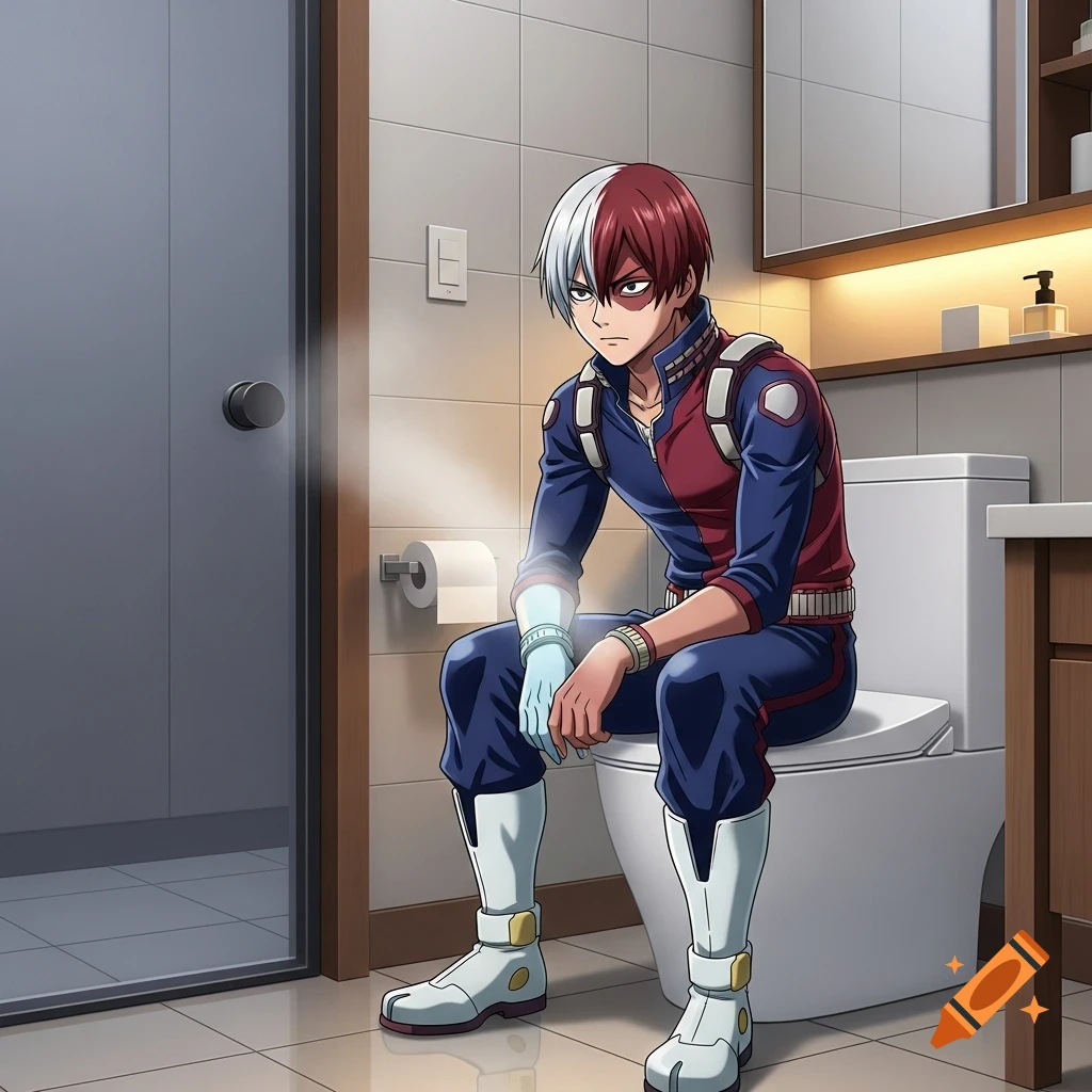 Anime character Todoroki from My Hero Academia, wearing his hero suit, sits on a toilet in a bathroom.