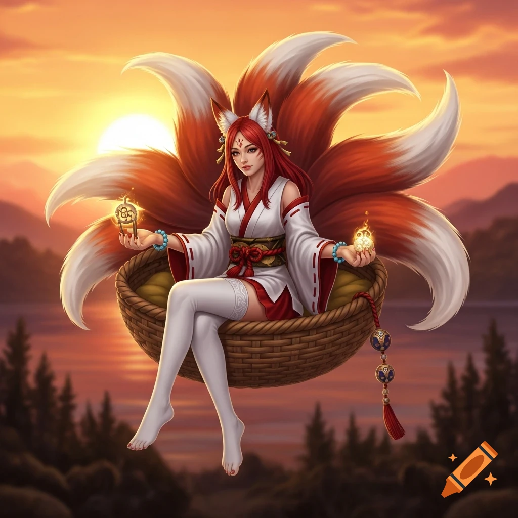 Digital painting of a kitsune woman with red hair and five fox tails, sitting in a basket at sunset, holding a key and an orb.