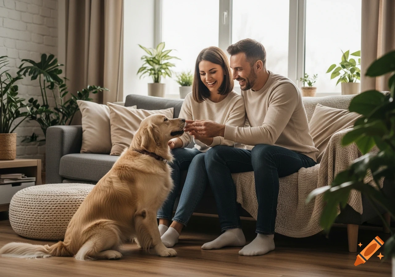 A happy couple smiles and pets their Golden Retriever in a cozy, sunlit living room.