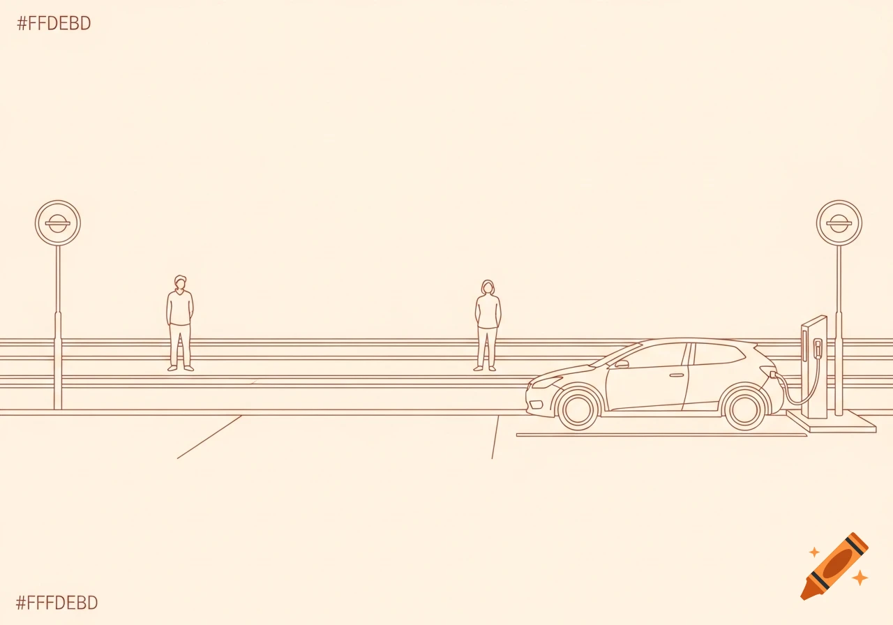 A minimalist line art illustration of an empty train platform with two stylized figures, an electric car charging, and a minimalist streetlight.