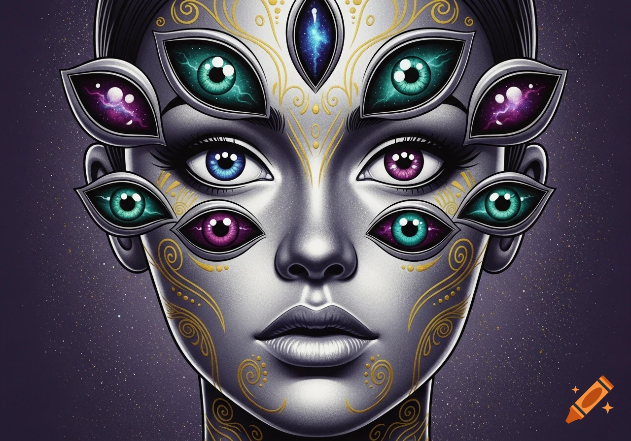 Close-up of a stylized female face with multiple blue, purple, and green alien eyes, adorned with gold patterns, against a starry purple background.