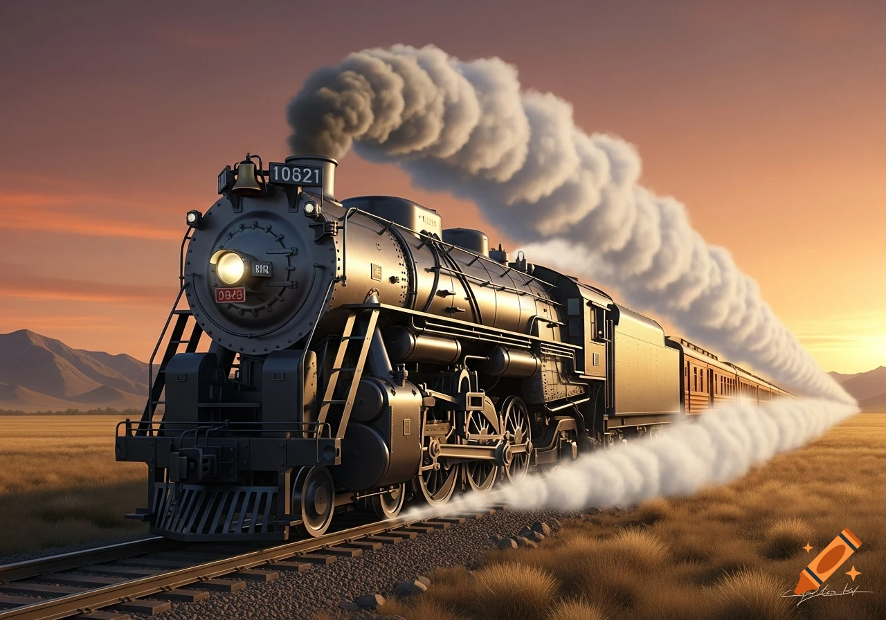 A powerful steam locomotive with a long trail of smoke speeds through a golden grassy plain at sunset, with mountains.