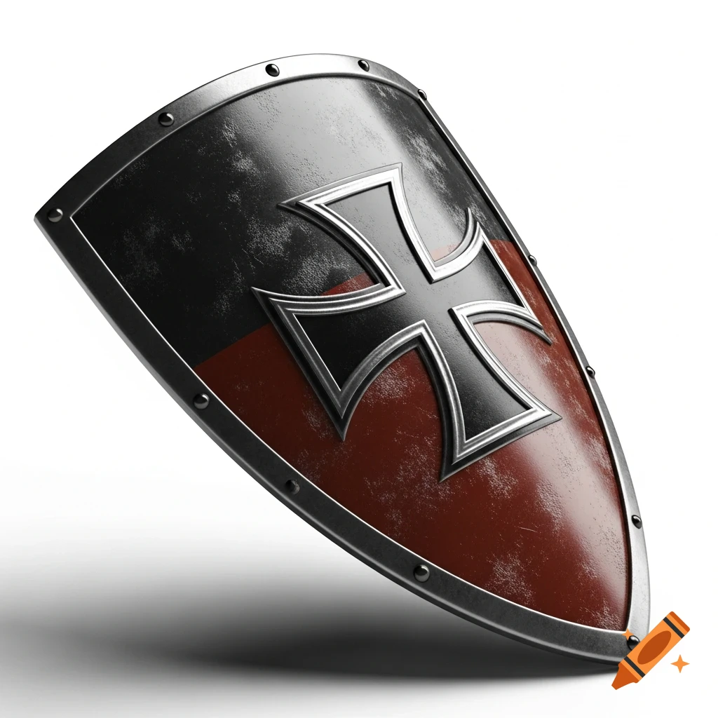 A photorealistic weathered black and reddish-brown shield with a prominent black and silver German cross, set against a white background.