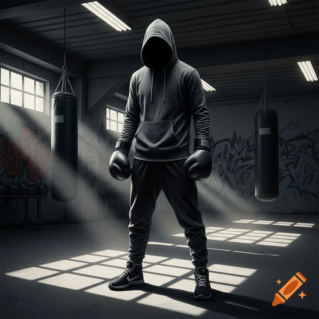 A hooded figure wearing boxing gloves and sneakers stands in a dimly lit gym with punching bags and sun rays.