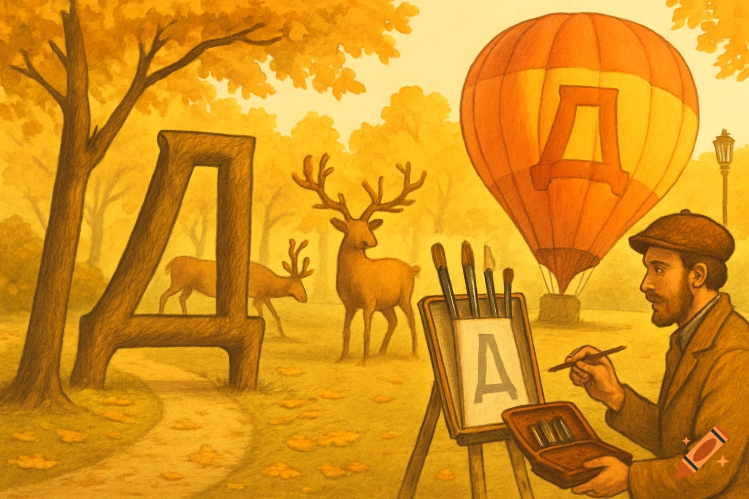A painter in an autumn park paints the letter A on an easel, while the Russian letter "Д" is disguised as a tree and on a hot air balloon, with deer nearby in a warm, painterly style.