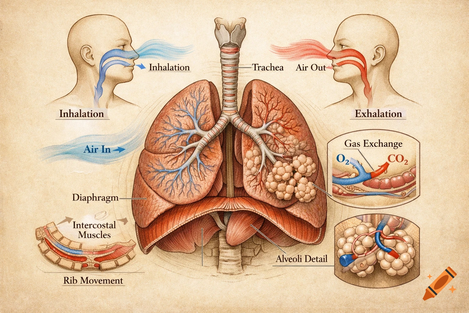 Detailed medical illustration of the human respiratory system showing lungs, trachea, diaphragm, and processes of inhalation, exhalation, and gas exchange.