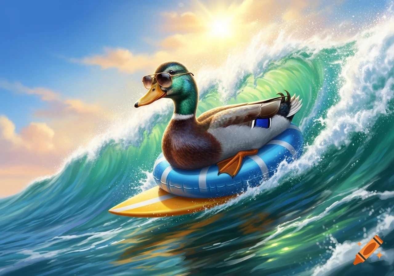 A mallard duck wearing sunglasses rides a blue inflatable ring on a yellow surfboard, surfing a large green wave under a bright sunny sky.
