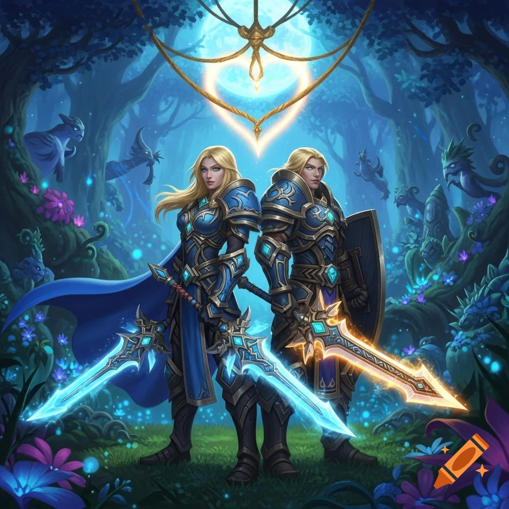 A blonde man and woman in blue and gold fantasy armor hold glowing swords in a mystical forest under a radiant heart symbol.