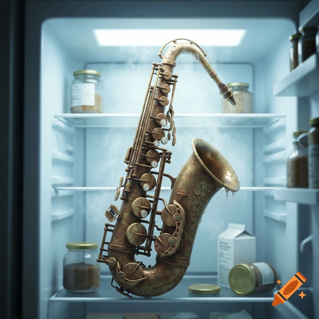 A rusty brass saxophone, cold and steaming, suspended inside a refrigerator with various items on the shelves.