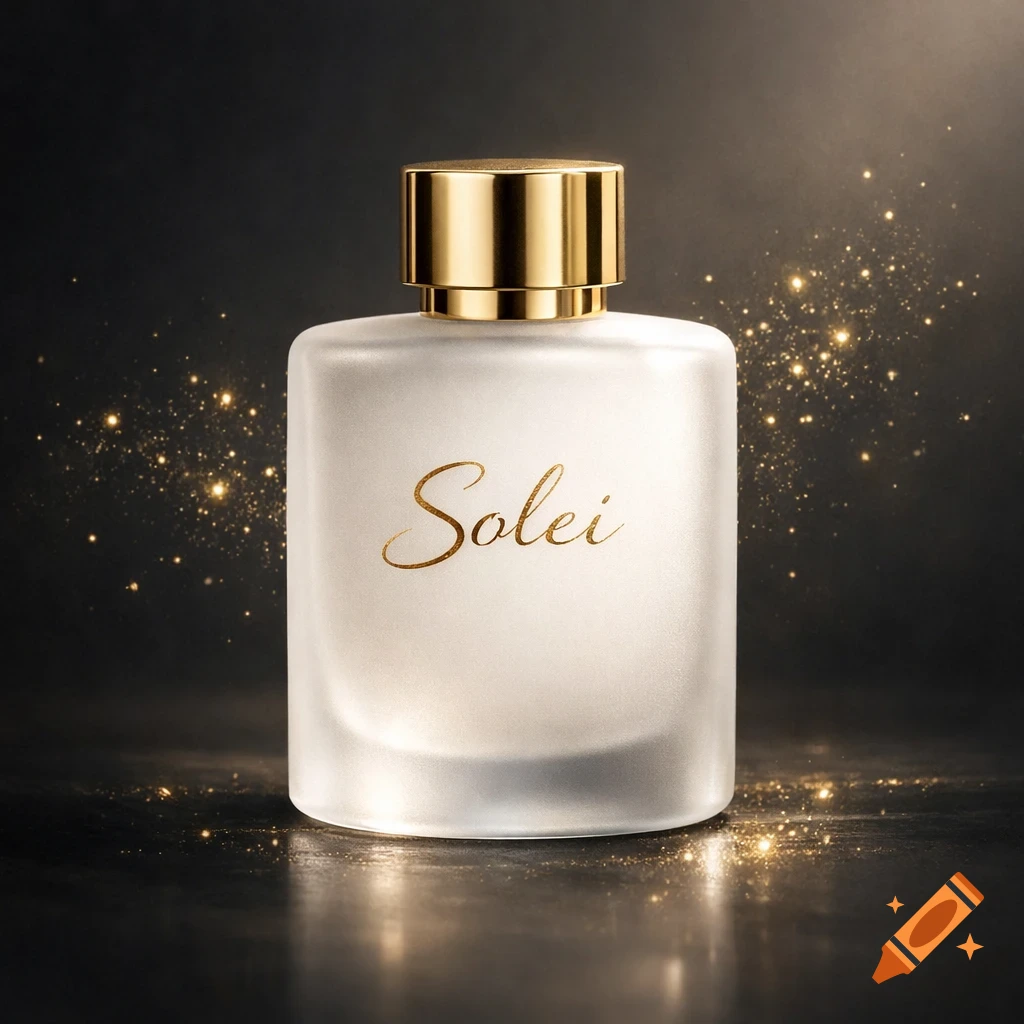 A white frosted perfume bottle with a golden cap and gold 'Solei' lettering, surrounded by golden sparkles on a dark background.