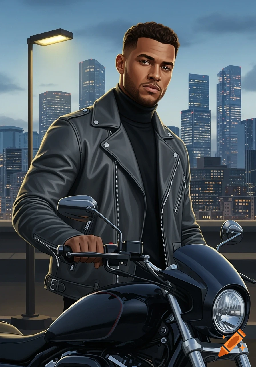 A stylish man in a black leather jacket next to a motorcycle, with a city skyline at dusk, in an illustrative style.