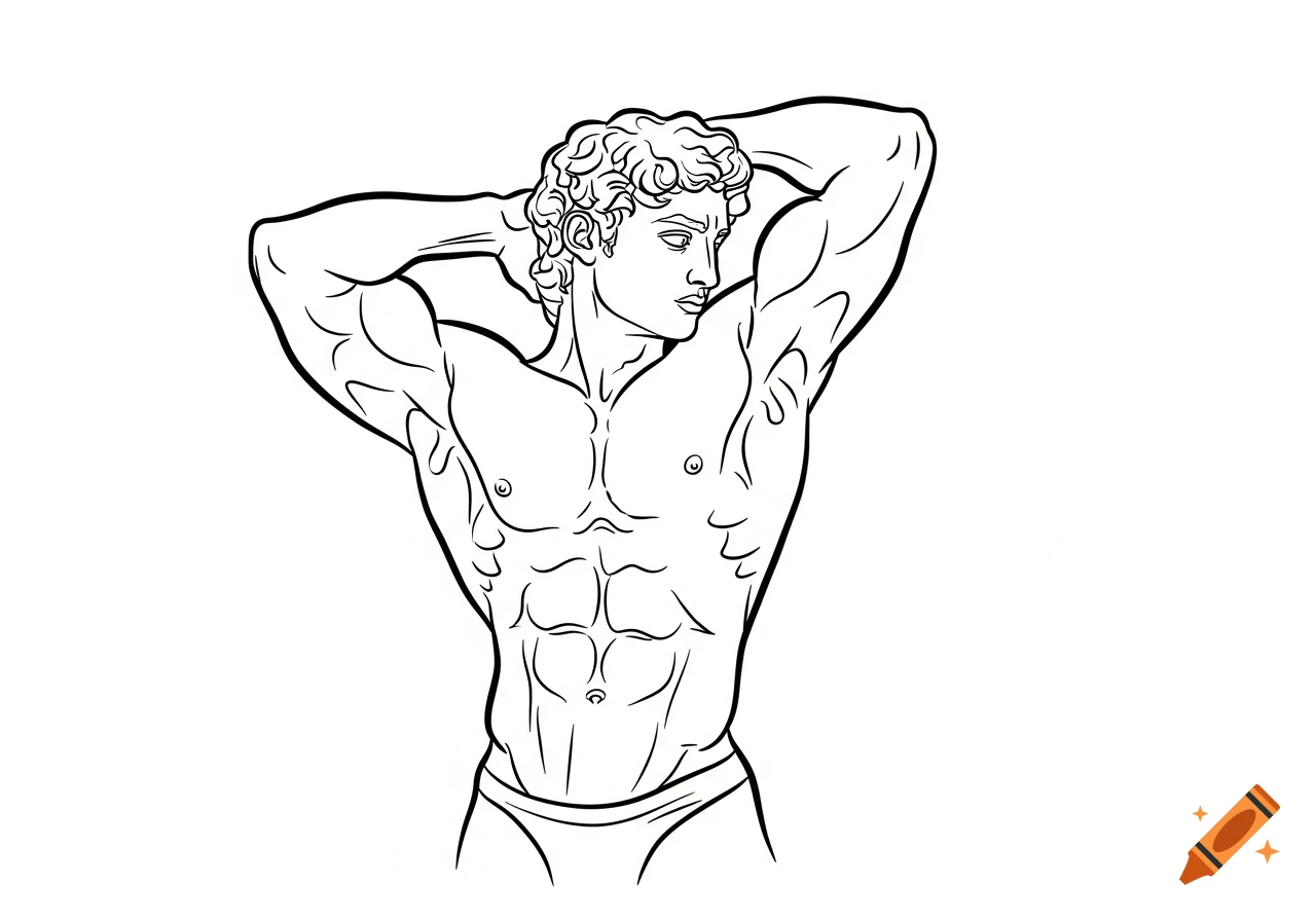 Line drawing of a muscular male figure in briefs, flexing with hands behind his head, on a white background.