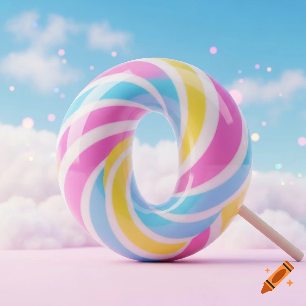 A vibrant, striped lollipop shaped like the number zero, resting on a pink surface with a dreamy blue sky background.