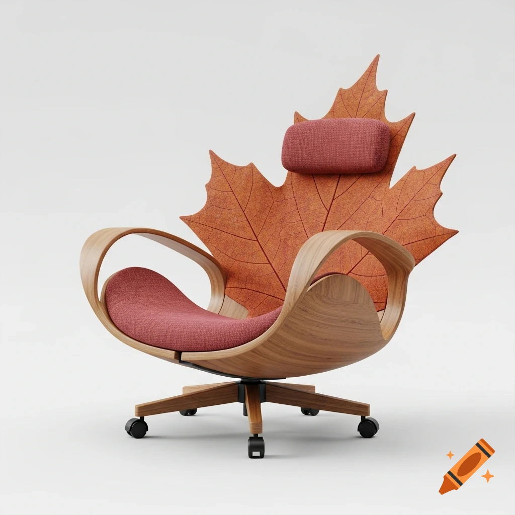 A modern office chair with a curved wooden base, a red fabric seat, and a large, stylized orange maple leaf backrest with a red headrest, set against a white background.