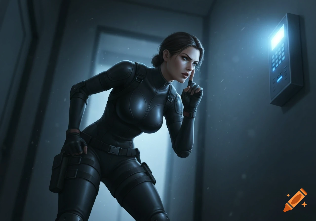 A female burglar in a black tactical suit shushes stealthily towards a glowing blue access panel.