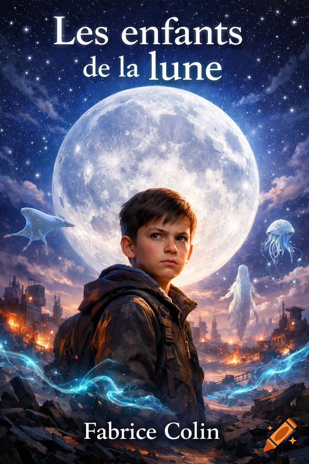 Photorealistic book cover of a determined boy in a ruined city under a giant moon, with ethereal creatures and glowing energy.
