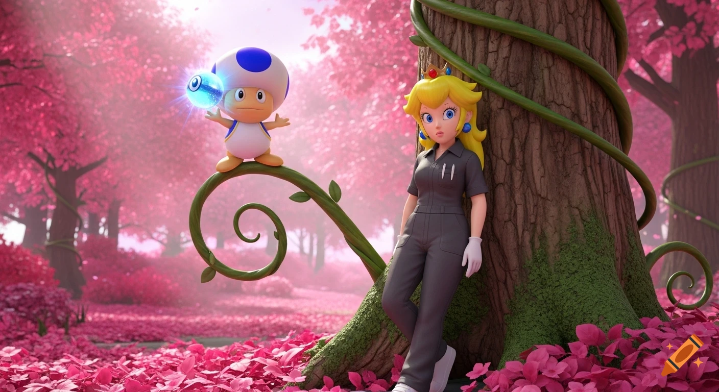 Blue Toad on a vine with a glowing blue pearl and Princess Peach in a dark gray jumpsuit leaning on a tree in a pink forest. 3D render.